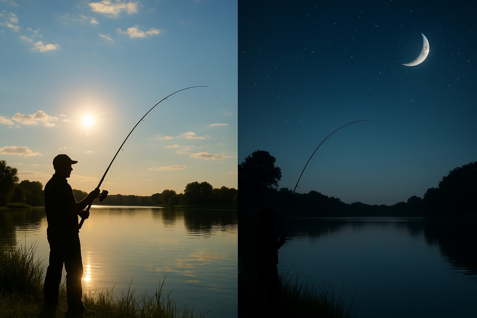 Foto van een visser die overdag en 's nachts vist